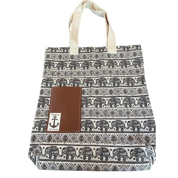 Unbranded Canvas Tote Elephant Pattern Black Off White 17.5" x 15.5" Handmade - Picture 2 of 13